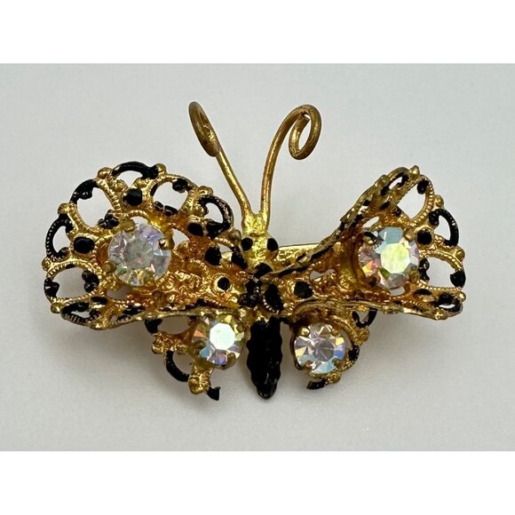 Made in Austria gold tone black spotted AB rhinestones butterfly brooch pin - Picture 2 of 8